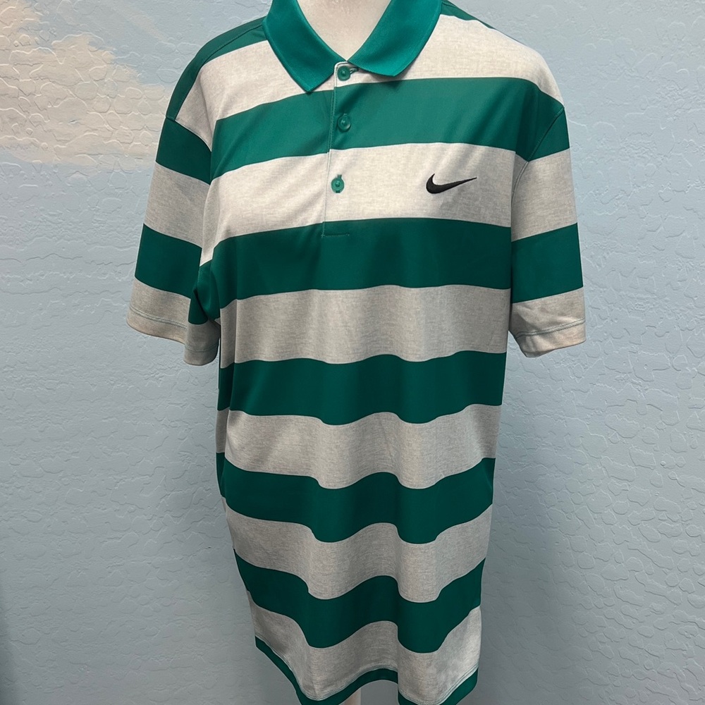 Nike Men's Polo Shirt with Green and Gray Stripes size medium